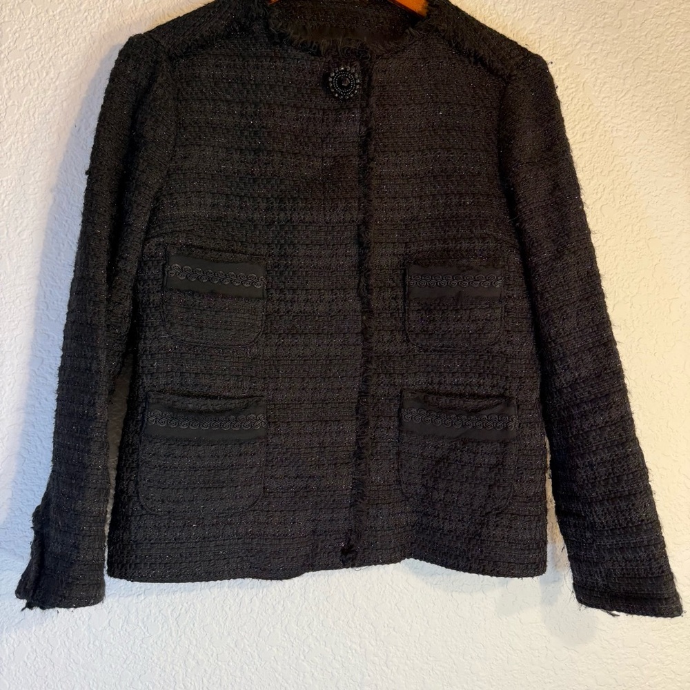 Zara Basic Black Tweed Collarless Box Jacket Size… - image 2